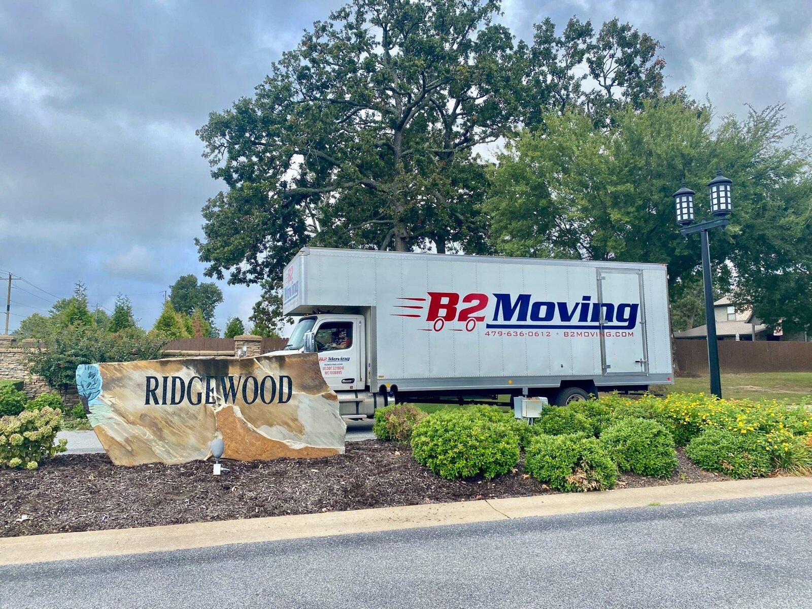 B2 Moving truck near the Ridgewood neighborhood entrance in Bentonville, Arkansas