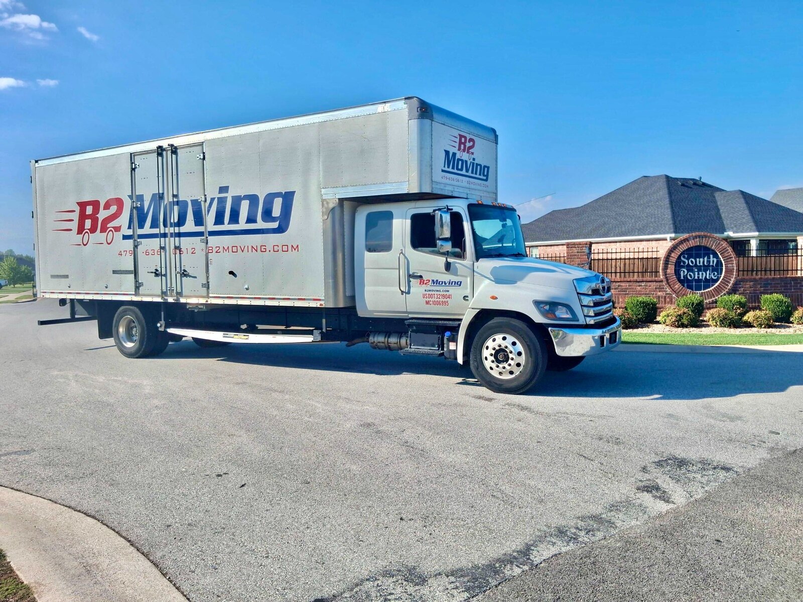 B2 Moving truck near the South Pointe neighborhood entrance in Springdale, Arkansas