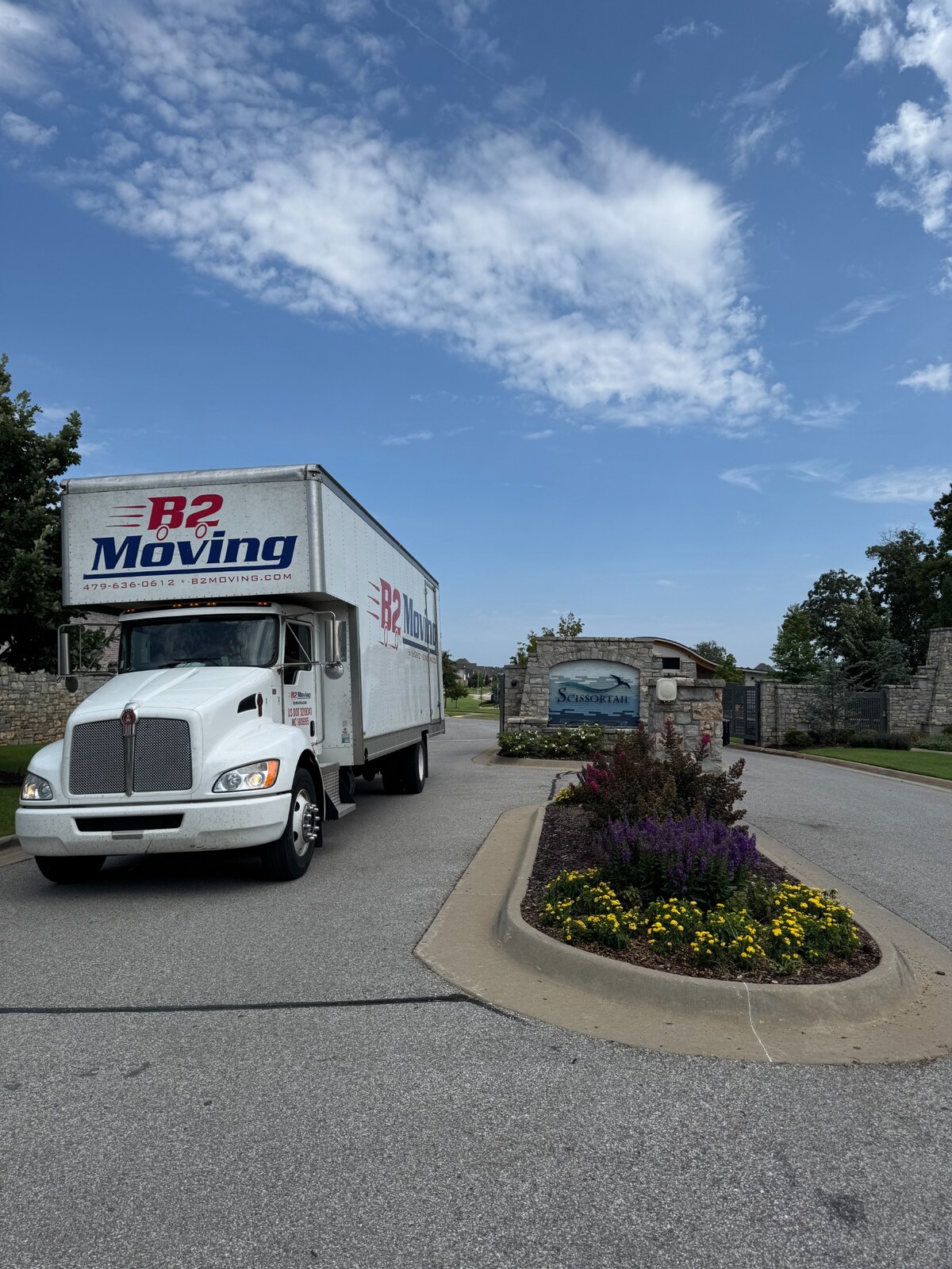 B2 Moving truck at the Scissortail neighborhood entrance in Bentonville Arkansas