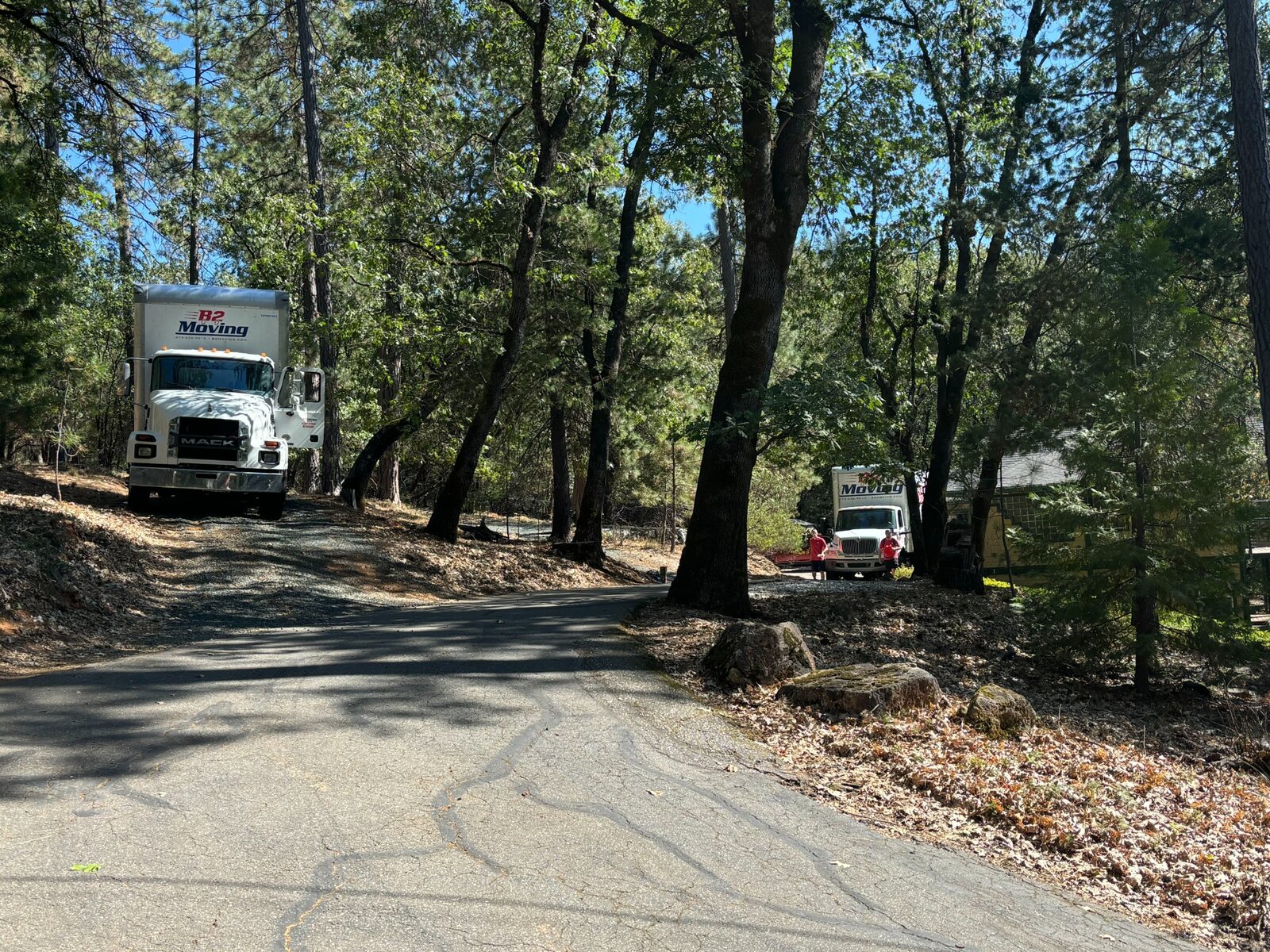 Two B2 Moving trucks positioned along the wooded access road at a Grass Valley California home